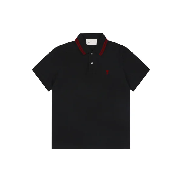 Ami Heart Logo Contrast Collar Polo T-Shirt Black Front view