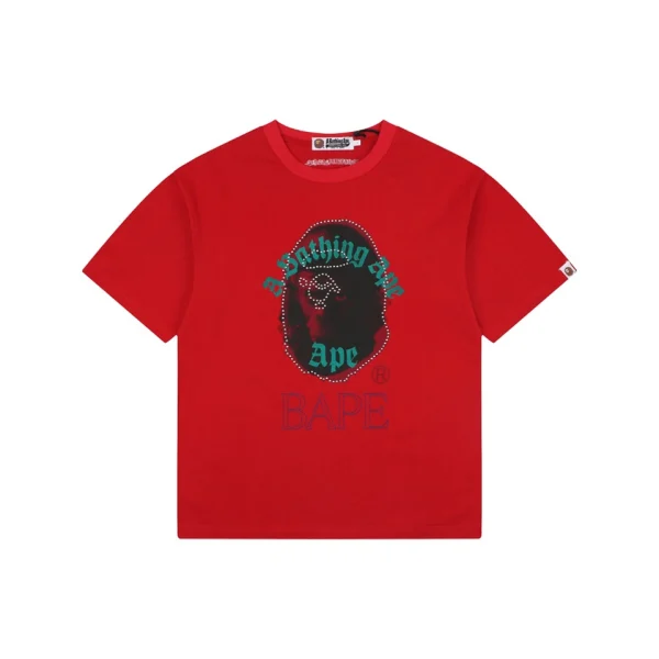 Bape Rhinestone Ape Head Graphic T-Shirt Red Front view