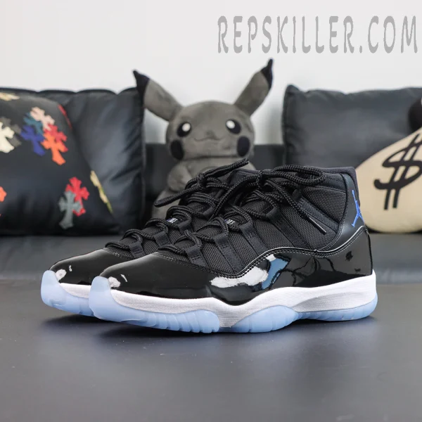 Jordan 11 Retro ‘Space Jam’ overall view featuring iconic black and white colorway with icy translucent outsole