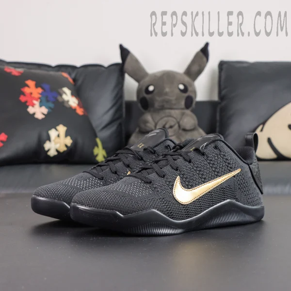Nike Kobe 11 Elite Low Protro ‘Fade To Black’ pair front view highlighting the black and gold colorway with metallic Swooshes