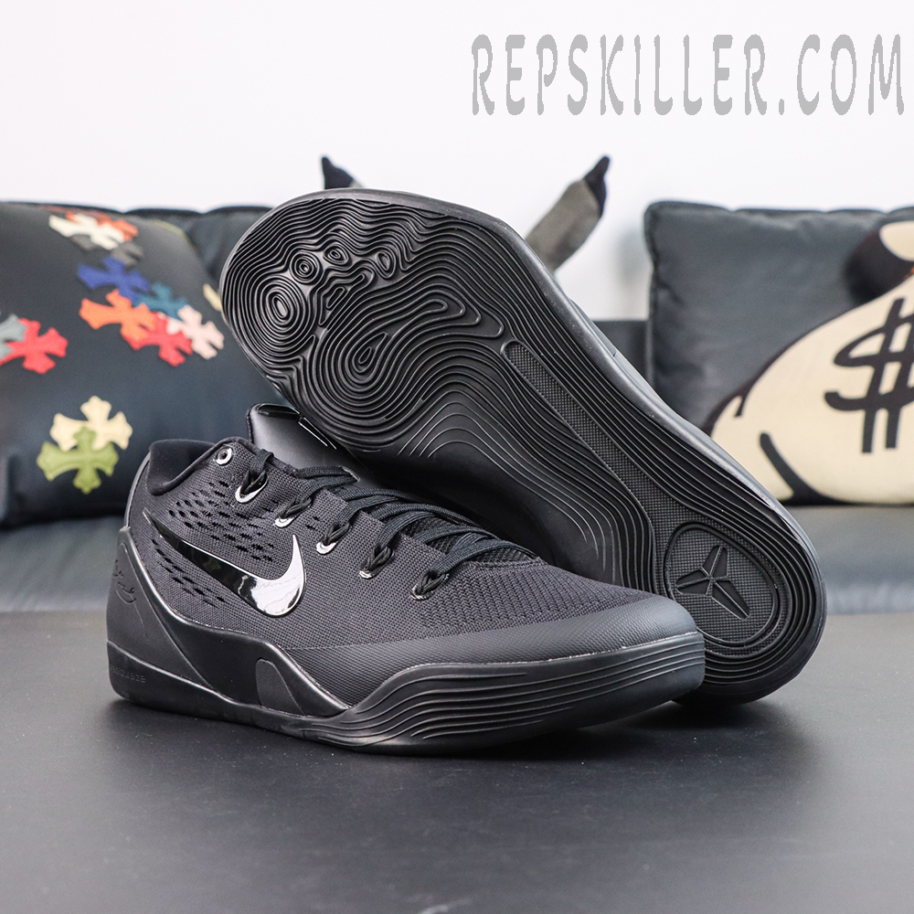 Kobe 9 Elite Low EM TB P Black outsole view featuring black rubber traction pattern and durable grip design