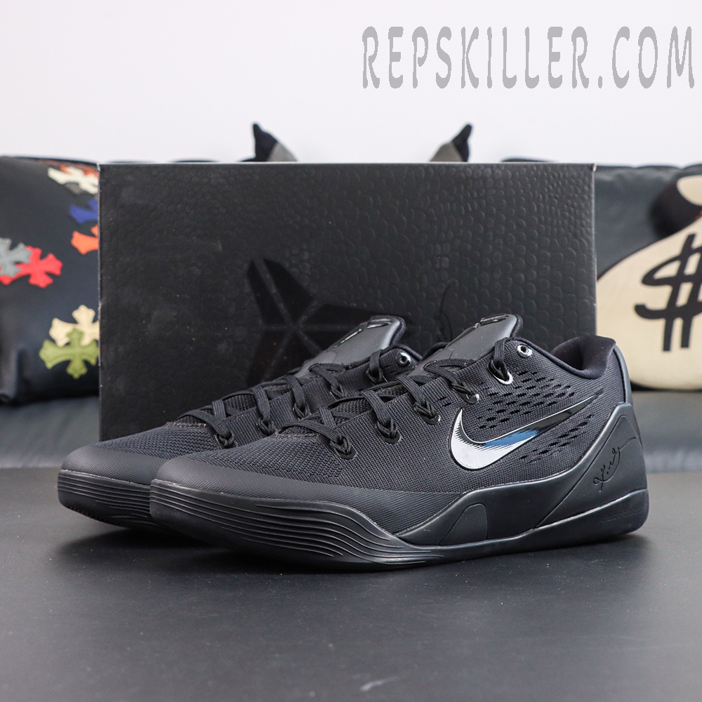 Kobe 9 Elite Low EM TB P Black display with box featuring the black sneaker and classic Kobe series elements