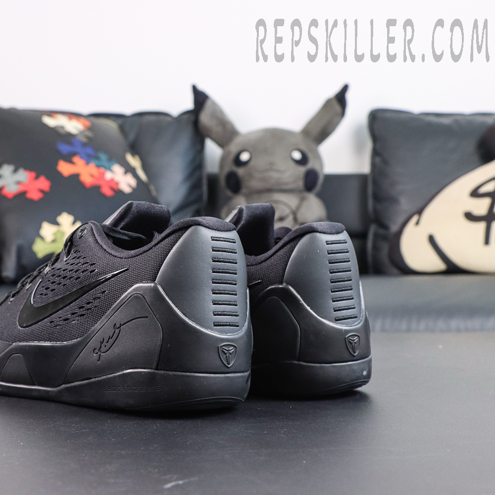 Kobe 9 Elite Low EM TB P Black rear side detail featuring Kobe signature and TPU support structure