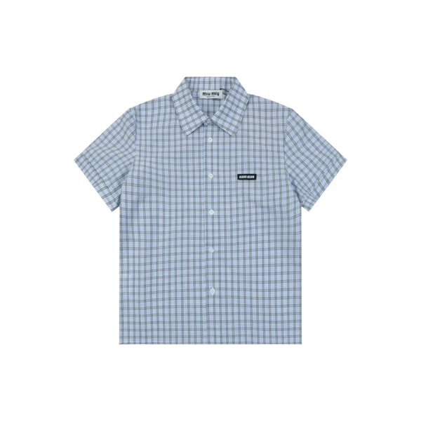 Miu Miu Blue Grey Check T-Shirt Front view