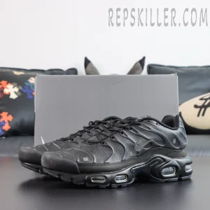 A-COLD-WALL x Nike Air Max Plus ‘Black’ pair with shoebox featuring a sculpted all-black leather upper and visible Max Air cushioning