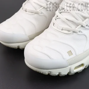 A-COLD-WALL x Nike Air Max Plus ‘Platinum Tint’ toe box close-up featuring textured white leather, embossed wave patterns, square accents, and a protective toe cap