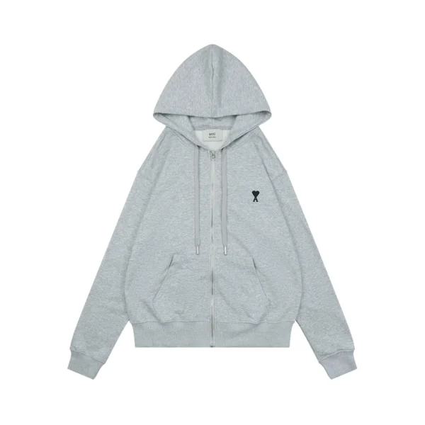 AMI de Coeur Embroidered Zip-Up Hoodie Grey Front view