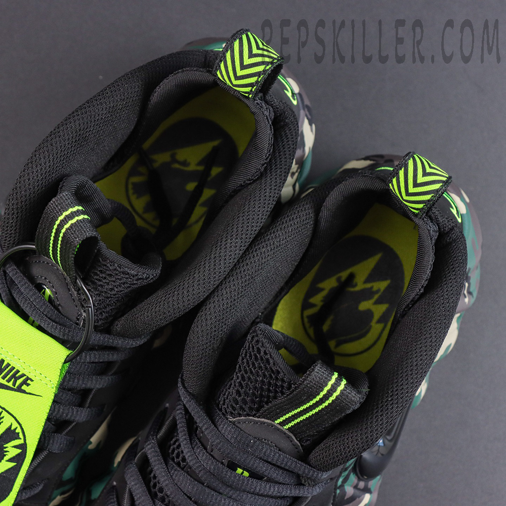 Nike Air Foamposite Pro ‘Green Camo’ collar and insole close-up featuring neon green pull tabs, camouflage lining and special graphic insoles