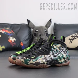 Nike Air Foamposite Pro ‘Green Camo’ pair side view showcasing black Swoosh, camouflage shell and vibrant neon green accents