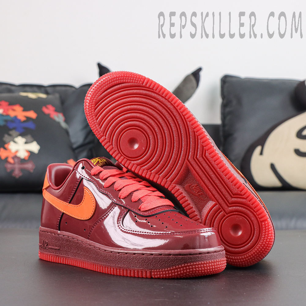 Nike Air Force 1 Low ‘Patent Leather Dark Team Red’ outsole view featuring a full red rubber sole with classic Air Force 1 traction pattern