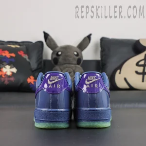 Nike Air Force 1 Low QS ‘Mystic Navy’ rear detail featuring Nike Air branding and purple patent leather heel tabs