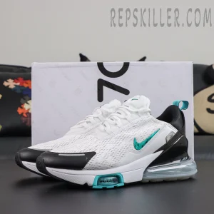 Nike Air Max 270 ‘Dusty Cactus’ side pair view featuring a white and black colorway with Dusty Cactus accents and Air Max cushioning technology