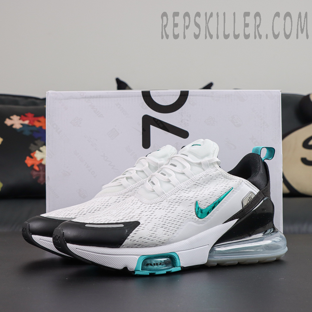 Nike Air Max 270 ‘Dusty Cactus’ side pair view featuring a white and black colorway with Dusty Cactus accents and Air Max cushioning technology