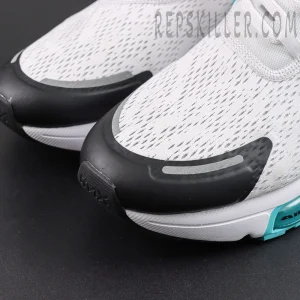 Nike Air Max 270 ‘Dusty Cactus’ toe close-up featuring a white breathable mesh upper, black rubber overlay and turquoise Air cushioning details