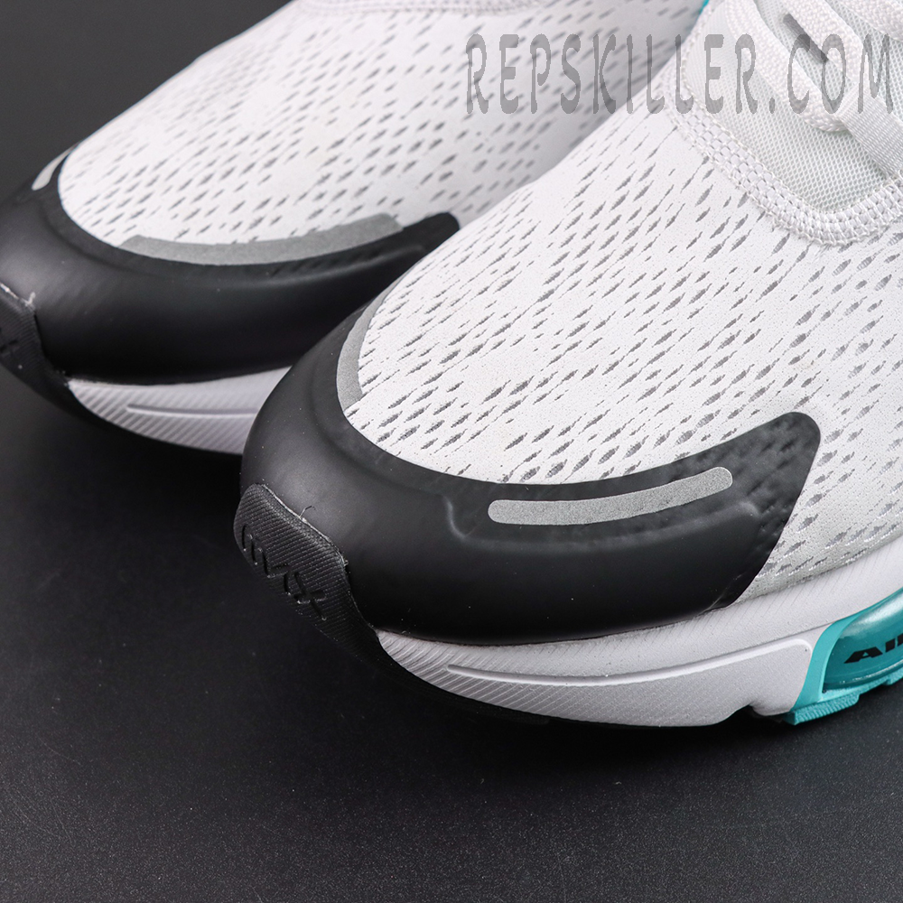 Nike Air Max 270 ‘Dusty Cactus’ toe close-up featuring a white breathable mesh upper, black rubber overlay and turquoise Air cushioning details