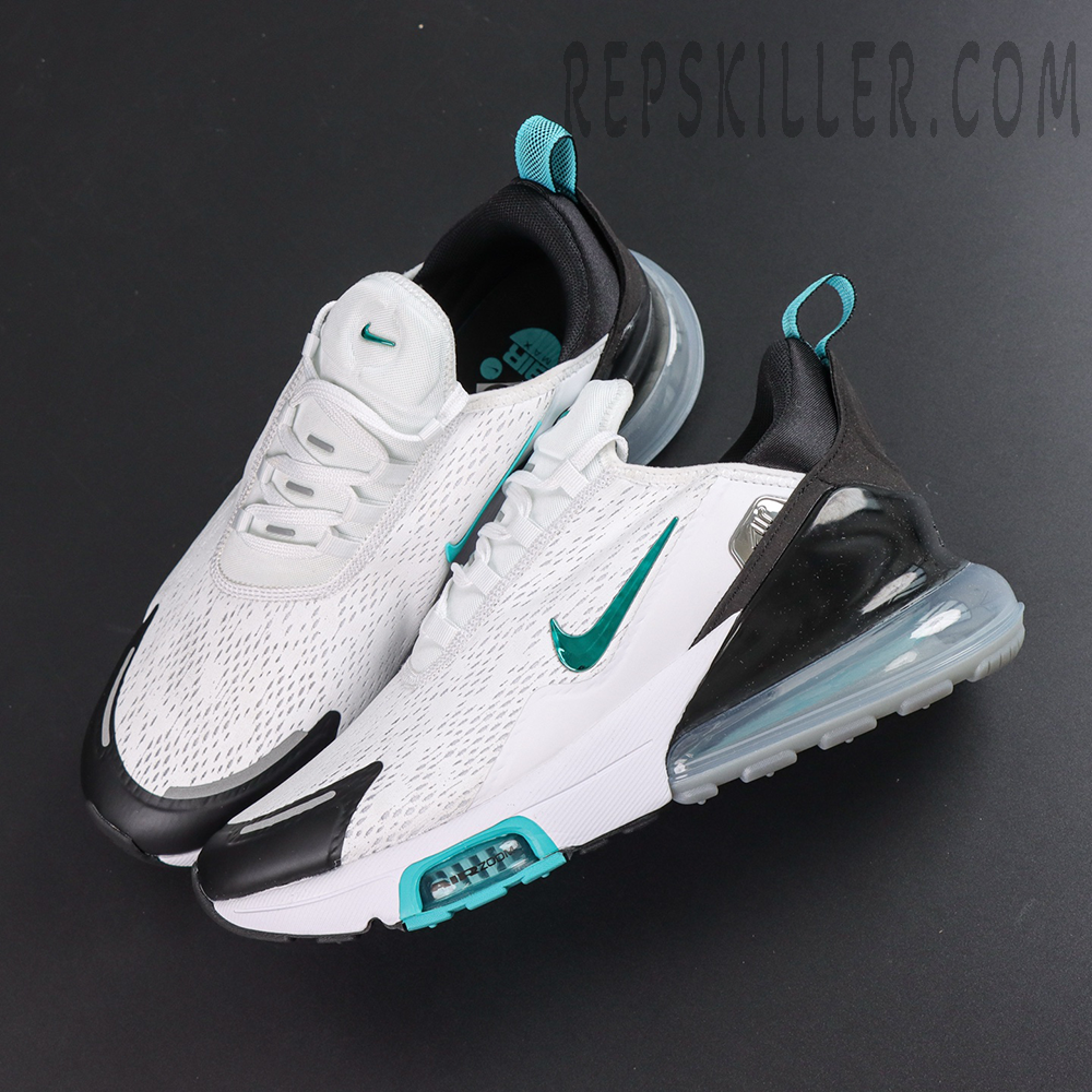 Nike Air Max 270 ‘Dusty Cactus’ top view featuring a white mesh upper, black heel section and turquoise Nike Swoosh detailing