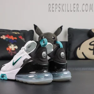 Nike Air Max 270 ‘Dusty Cactus’ heel view featuring a black TPU counter, oversized transparent Air unit and turquoise accents