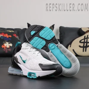 Nike Air Max 270 ‘Dusty Cactus’ outsole view featuring black and turquoise rubber traction patterns for durability and grip