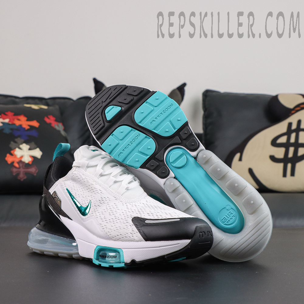 Nike Air Max 270 ‘Dusty Cactus’ outsole view featuring black and turquoise rubber traction patterns for durability and grip