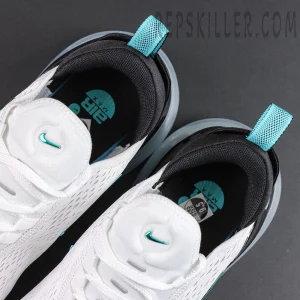 Nike Air Max 270 ‘Dusty Cactus’ collar and insole close-up featuring black lining, turquoise pull tabs and branding details