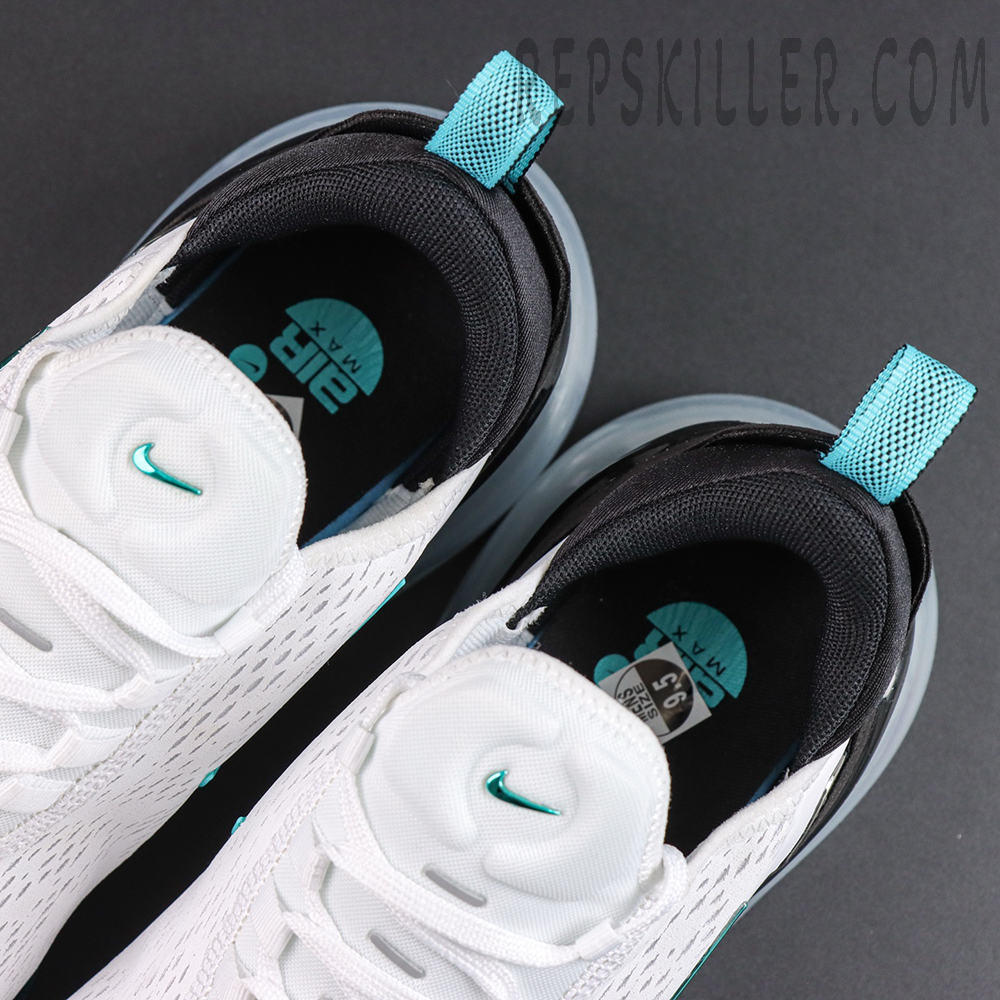 Nike Air Max 270 ‘Dusty Cactus’ collar and insole close-up featuring black lining, turquoise pull tabs and branding details