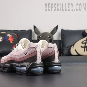 Nike Air Max 95 ‘Big Bubble - Black Tattoo Light Violet Ore’ rear side view highlighting the iconic layered Air Max 95 silhouette with black and violet tones