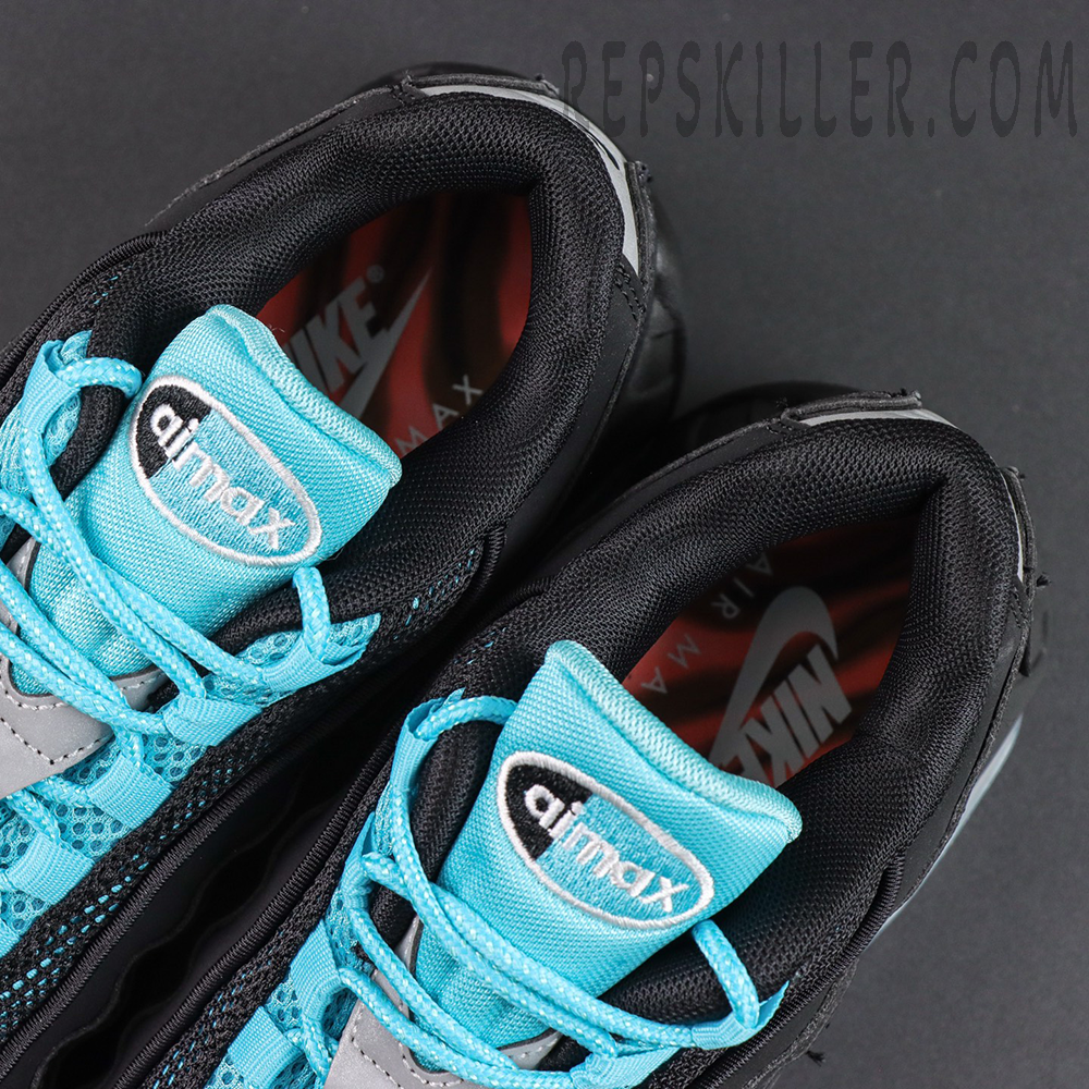 Nike Air Max 95 ‘Big Bubble - Scorpion’ collar and tongue close-up featuring the icy blue Air Max tongue, padded lining and insole details