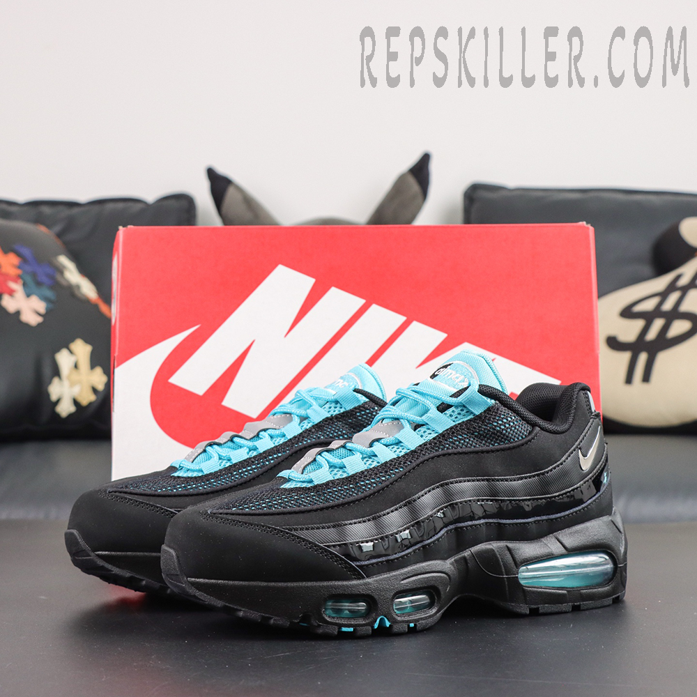 Nike Air Max 95 ‘Big Bubble - Scorpion’ angled pair view featuring a black upper, icy blue laces, breathable mesh and Big Bubble Air cushioning