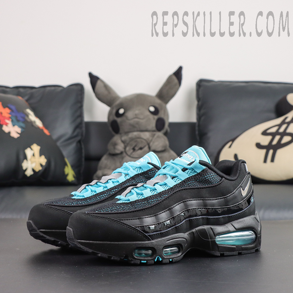 Nike Air Max 95 ‘Big Bubble - Scorpion’ angled pair view featuring glossy layered side panels and icy blue Air cushioning details
