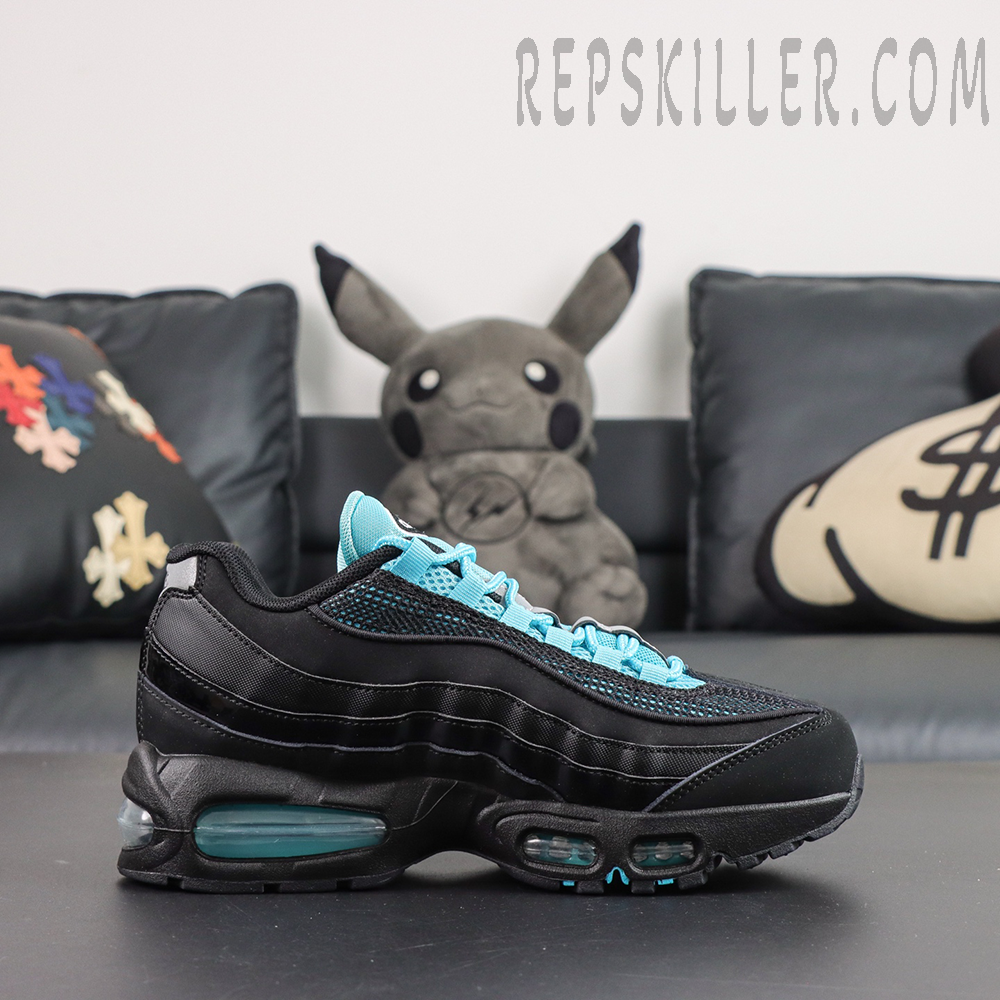 Nike Air Max 95 ‘Big Bubble - Scorpion’ lateral side view featuring layered black panels, icy blue accents, silver heel Swoosh and visible Air unit