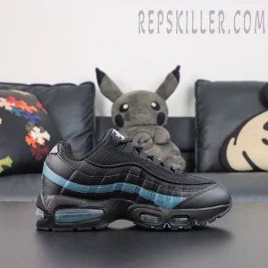 Nike Air Max 95 ‘Smokey Blue’ full side profile featuring black mesh and layered panels, smoky blue side accents, and visible Air cushioning in the forefoot and heel