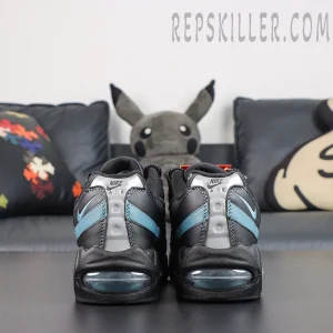 Nike Air Max 95 ‘Smokey Blue’ rear view featuring smoky blue side stripes, silver Nike Air heel branding, and blue-tinted visible Air units