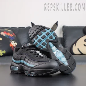 Nike Air Max 95 ‘Smokey Blue’ outsole view featuring black rubber traction, smoky blue tread accents, and a blue Nike Air Max midfoot detail