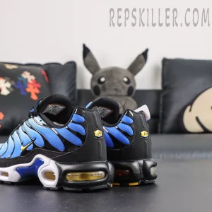 Nike Air Max Plus ‘Hyper Blue’ rear angle view featuring a deep blue gradient upper, black heel structure, Tn Air branding, and yellow-tinted cushioning details