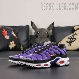 Nike Air Max Plus OG ‘Voltage Purple’ full side view featuring the classic TN silhouette with a purple upper and orange Swoosh accents