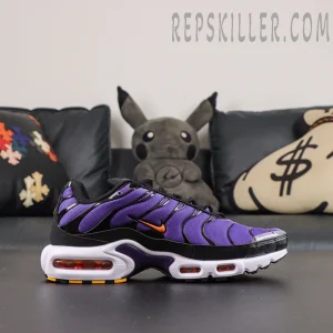 Nike Air Max Plus OG ‘Voltage Purple’ single shoe side view featuring a purple upper, white Air Max Plus midsole, and orange cushioning details