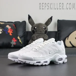 Nike Air Max Plus ‘Triple White’ front angle view featuring an all-white upper, silver Swoosh, and classic Tuned Air midsole construction