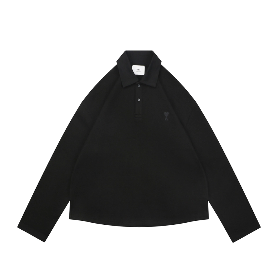 Ami Hidden Heart Logo Oversized Polo Shirt Black Front view