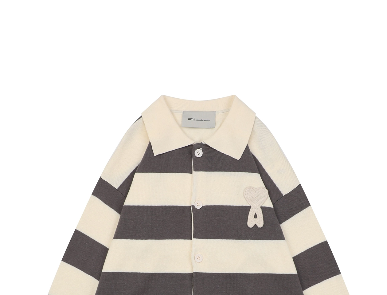Ami Paris Heart Patch Striped Polo Knit Cardigan Grey