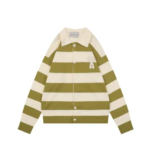 Ami Paris Heart Patch Striped Polo Knit Cardigan Green Front view