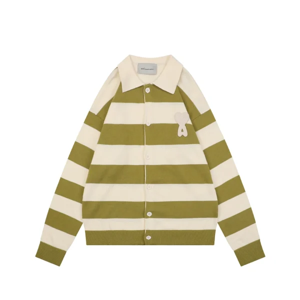 Ami Paris Heart Patch Striped Polo Knit Cardigan Green Front view