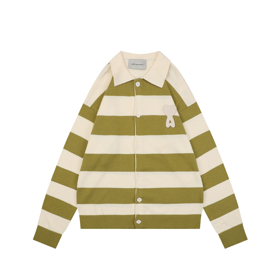 Ami Paris Heart Patch Striped Polo Knit Cardigan Green Front view