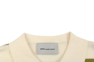Ami Paris Heart Patch Striped Polo Knit Cardigan Green Collar