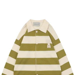 Ami Paris Heart Patch Striped Polo Knit Cardigan Green