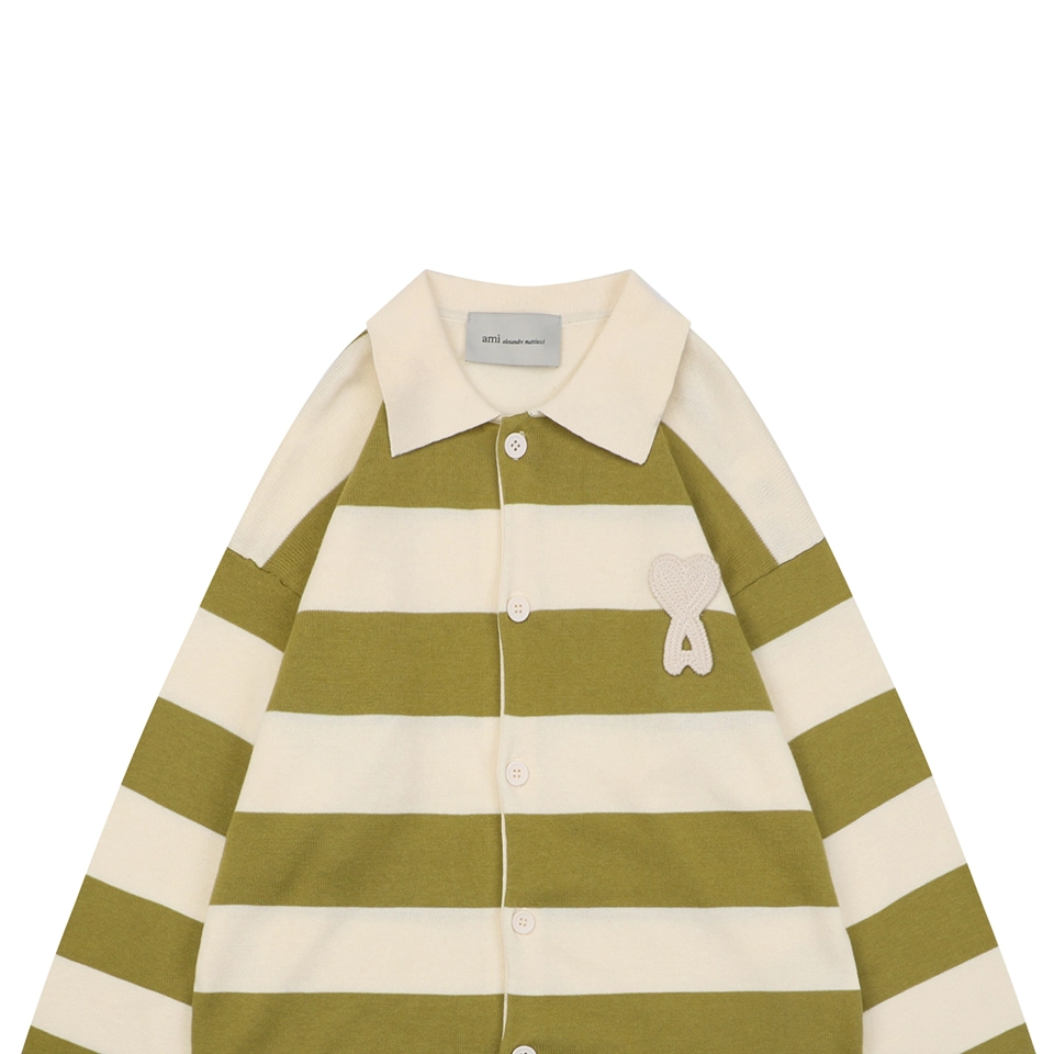 Ami Paris Heart Patch Striped Polo Knit Cardigan Green