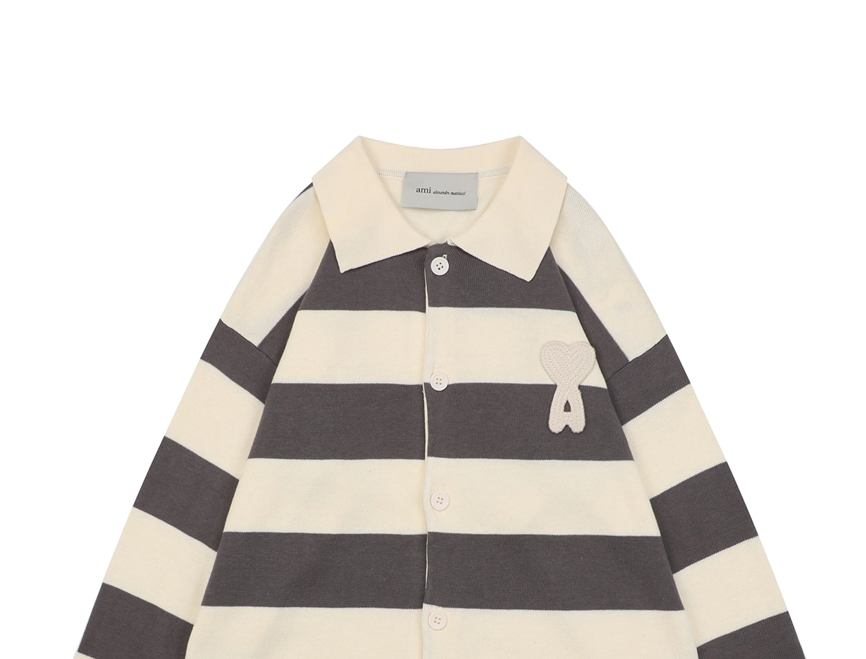 Ami Paris Heart Patch Striped Polo Knit Cardigan Grey