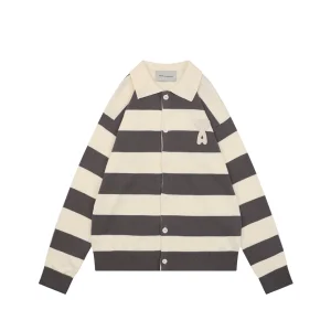 Ami Paris Heart Patch Striped Polo Knit Cardigan Grey Front view