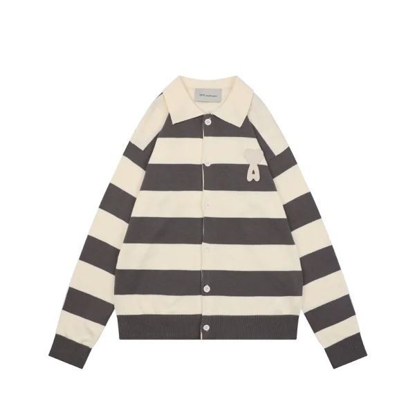 Ami Paris Heart Patch Striped Polo Knit Cardigan Grey Front view