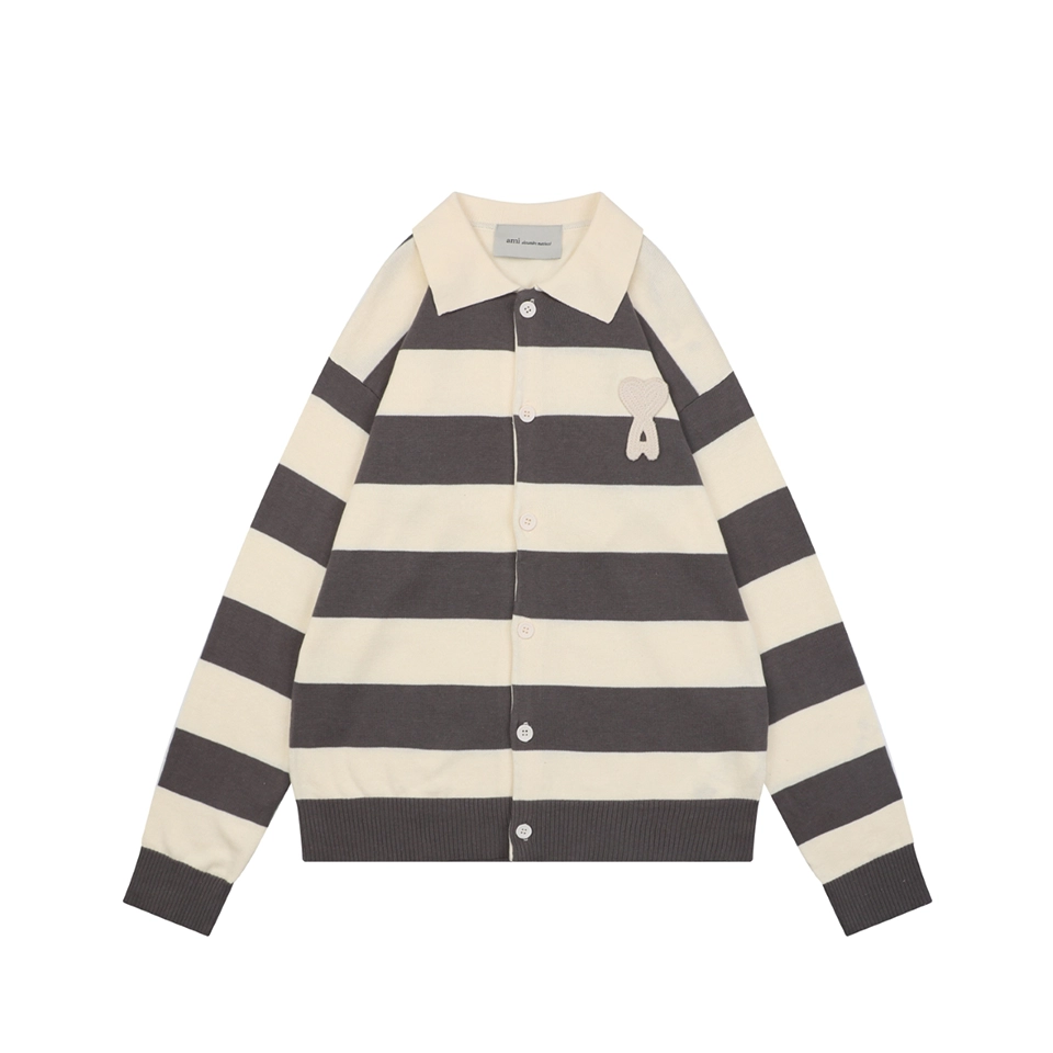 Ami Paris Heart Patch Striped Polo Knit Cardigan Grey Front view