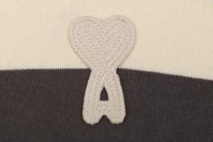 Ami Paris Heart Patch Striped Polo Knit Cardigan Grey Brand